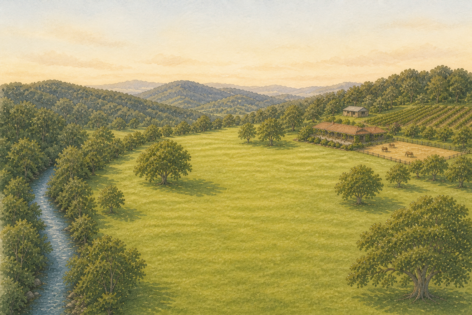 Watercolour view of the vineyard lawn and creek